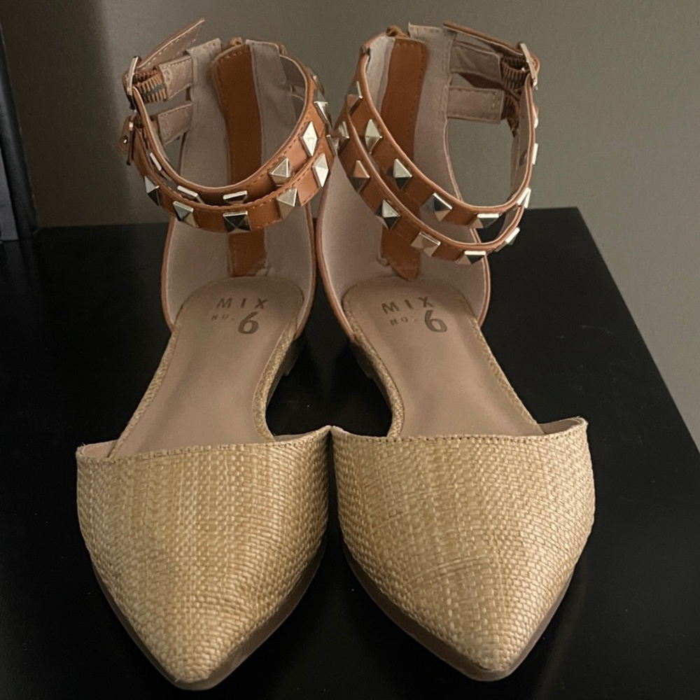 Mix No. 6 Women's Beige Woven Flats with Gold Studded Straps